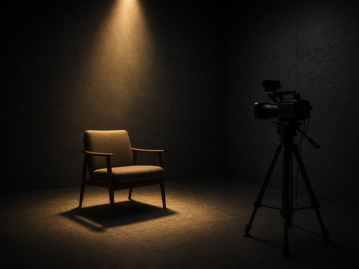 Boş bir canlı yayın köşesinde altın ışık ve tripod üzerindeki kamera.