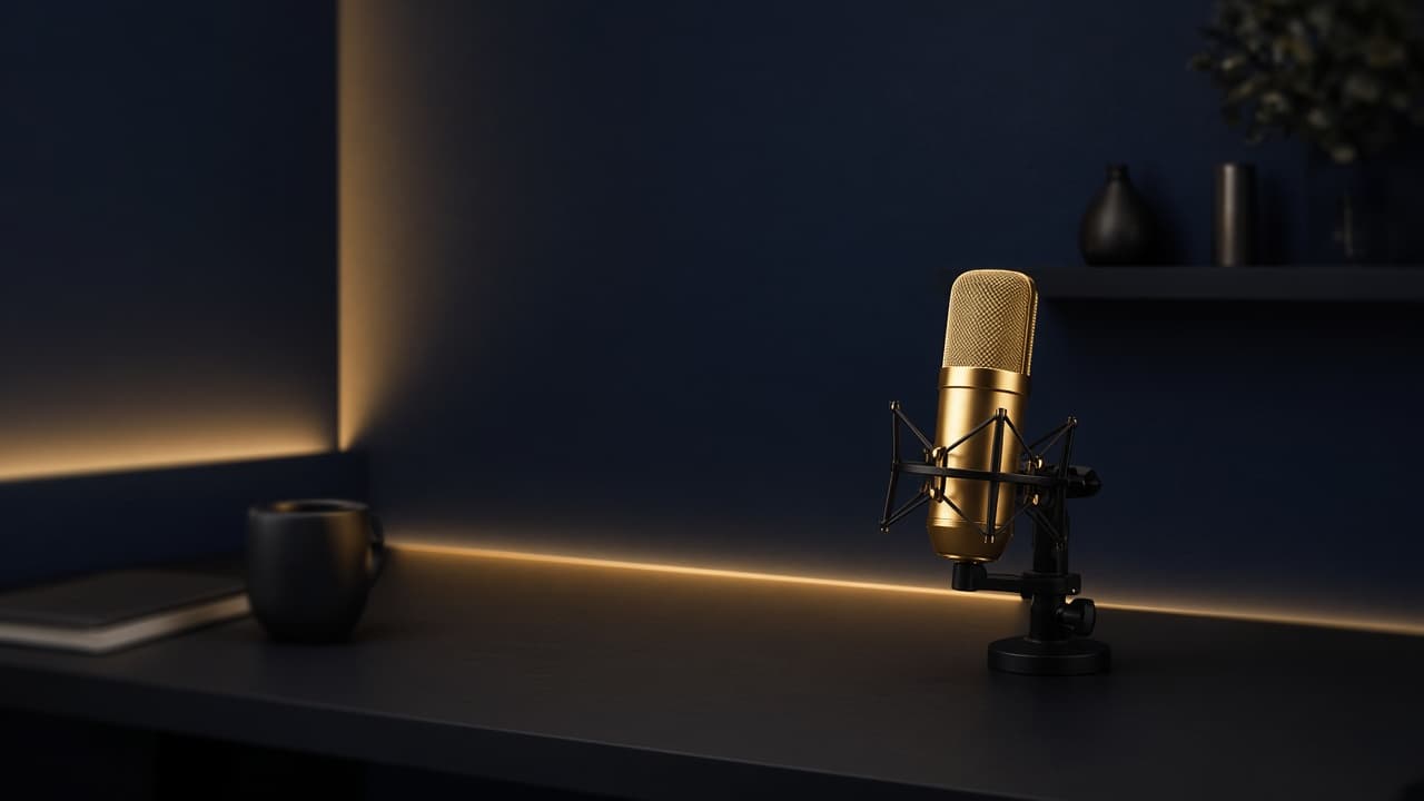 Koyu bir stüdyoda altın ışıklı boş canlı yayın masası ve mikrofon.